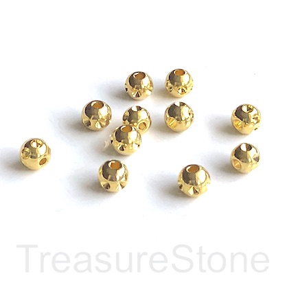 Bead, brass, bright gold coloured, 6mm carved round, 5 pcs