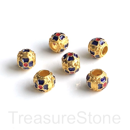 Bead, cloisonné, handmade, gold blue, 8x9mmdrum,large hole:4mm