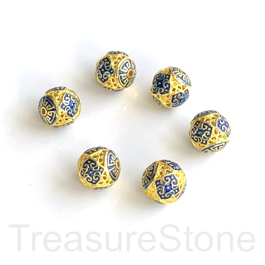 Bead, cloisonné, handmade, gold blue, 10mm round. each