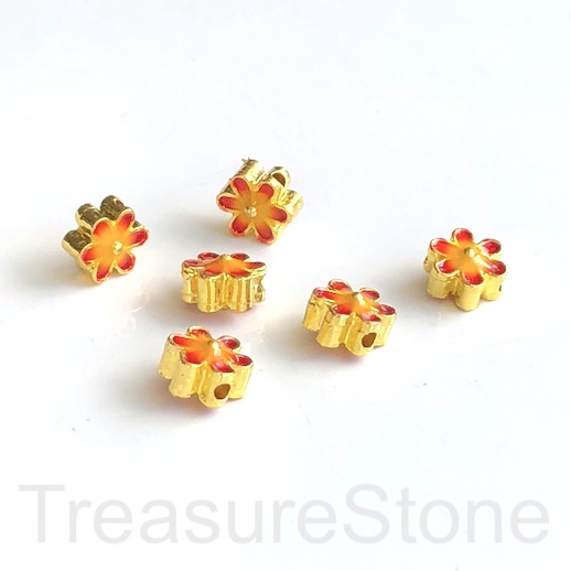 Bead, cloisonné, handmade, gold orange, 5x7mm daisy flower. each