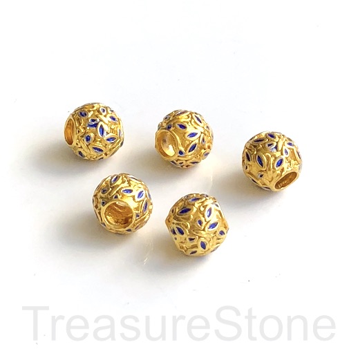Bead, cloisonné, handmade, blue gold, 8x9mm, large hole:4mm. ea