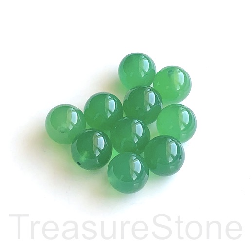 Bead, green agate, dyed, half-drilled, 10mm round, pack of 2.