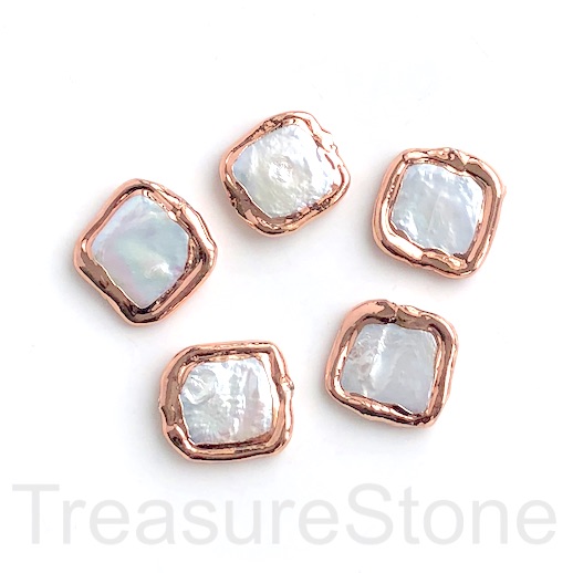 Pearl, freshwater, white, about 21 mm square,rose gold border.ea