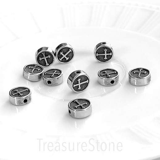 Bead, stainless steel, 10x4mm flat round coin, cross. each