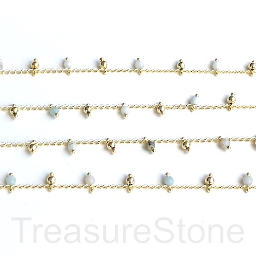 Chain, beaded,2mm gold brass link,3mm amazonite faceted round,1m