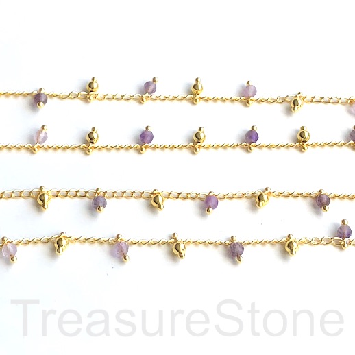 Chain, beaded, 2mm gold brass link,3mm amethyst faceted round,1m