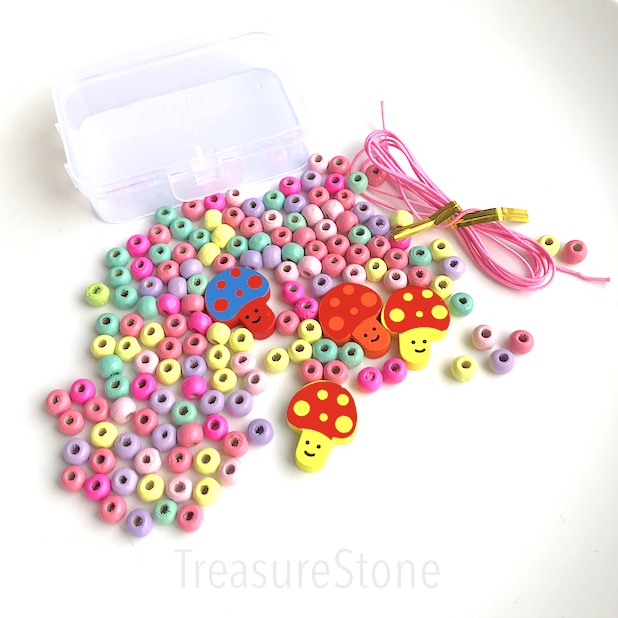 Beading kit, 4mushroom charms, 130 6mm wood beads. each - Click Image to Close