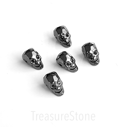 Bead, brass, 7x12mm black skull with black crystals. ea