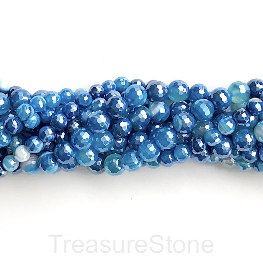 Bead, agate, blue dyed,8mm faceted round, silver plated. 15", 48