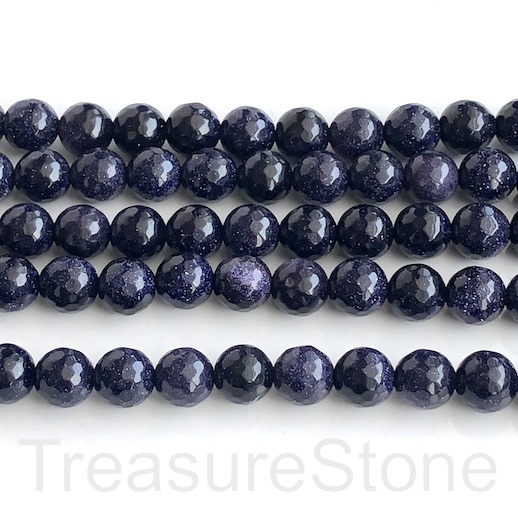 Bead, manmade, blue goldstone, 8mm, faceted round. 15", 47pcs