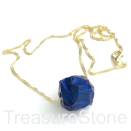 Pendant, 18mm rough blue crystal quartz w gold coloured chain.Ea