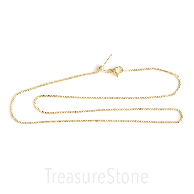 Chain, gold-finished brass 1mm box, 17.5 inch. Each