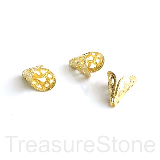 Bead cap, cone, brass, gold plated, 10x12mm , 2pcs