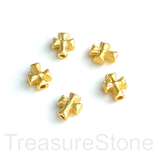 Bead, brass, bright gold plated, matte, 8x10mm cross, pack of 2
