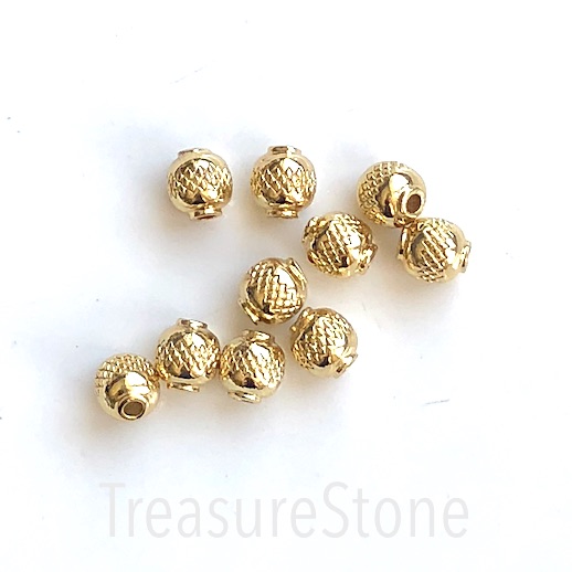 Bead, brass, 8mm round, gold patterned. Pack of 2