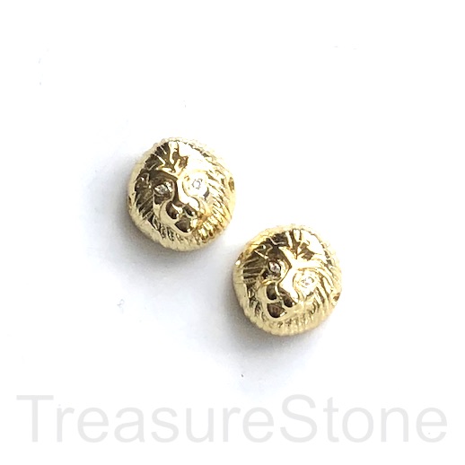 Pave Bead, brass, 13mm lion head, gold. Each