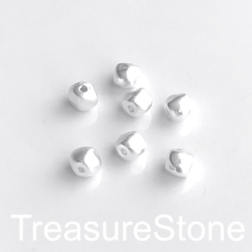 Bead, brass, bright silver plated, matte, 6mm nugget, pack of 2
