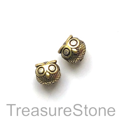Bead, brass, 9x10mm gold owl with crystals. Each