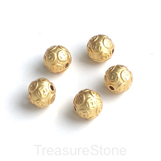 Bead, brass, bright gold matte, 10mm round, chinese money. Each