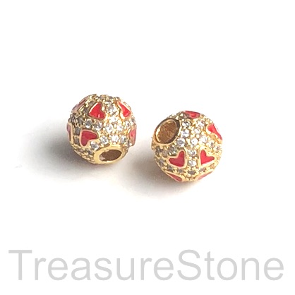 Bead, brass, 7mm rose gold round, red hearts. Each