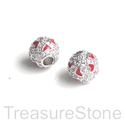 Bead, brass, 7mm silver round, red hearts. Each