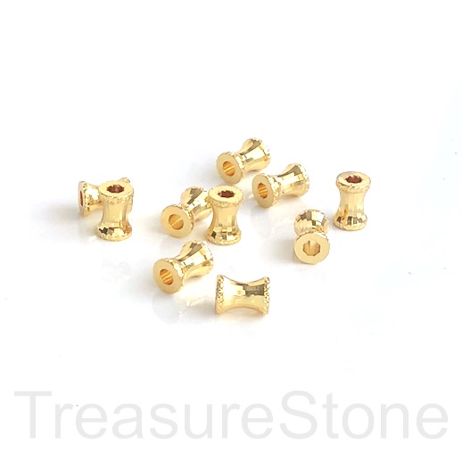 Bead, brass, gold plated, 6x7mm tube. large hole, 3mm, 2pcs