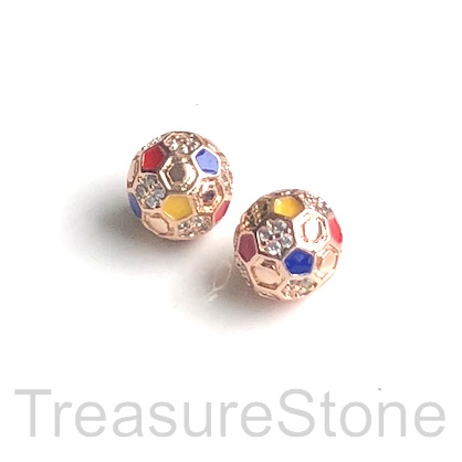 Pave Bead, 8mm soccer ball, rose gold w color cz. Each
