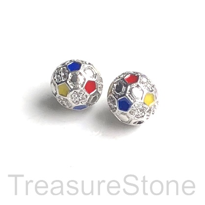 Pave Bead, 8mm soccer ball, silver w color cz. Each