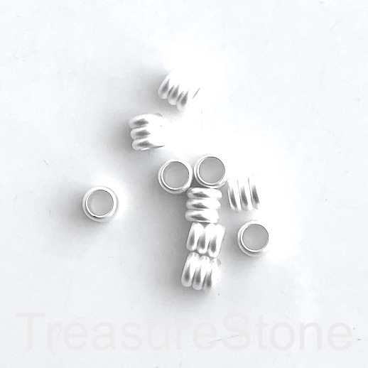Bead,brass,silver plated matte,ridged tube,6mm,large hole:4mm. 2
