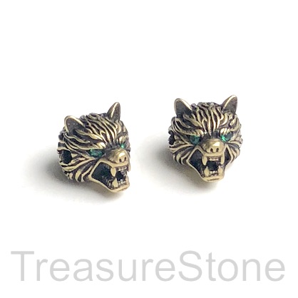 Bead, brass, antiqued brass, 12x14mm wolf head. Ea - Click Image to Close