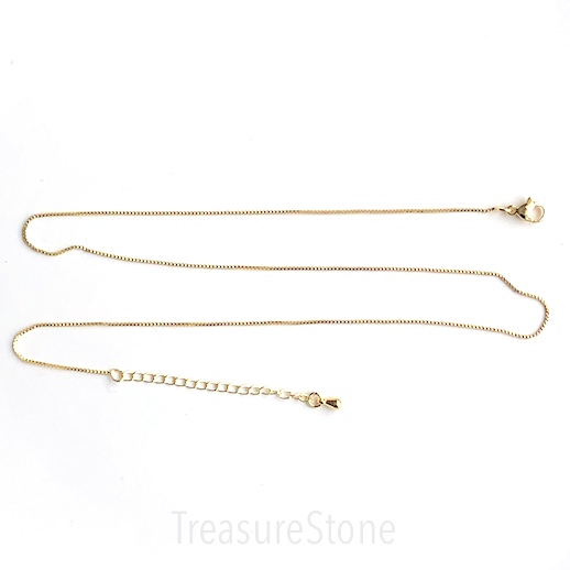 Chain necklace, gold-finished brass 1mm box, 17.5-19.5". Ea