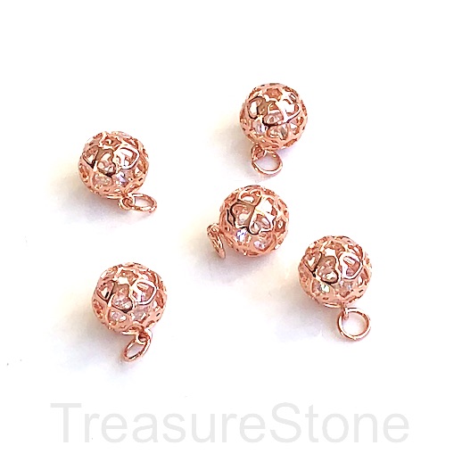 Charm, 10mm, rose gold plated brass cage 2, CZ, filigree. Ea