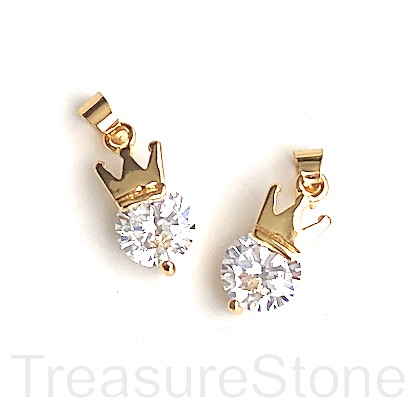 Charm, 8x14mm crystal, crown, gold plated brass. Ea
