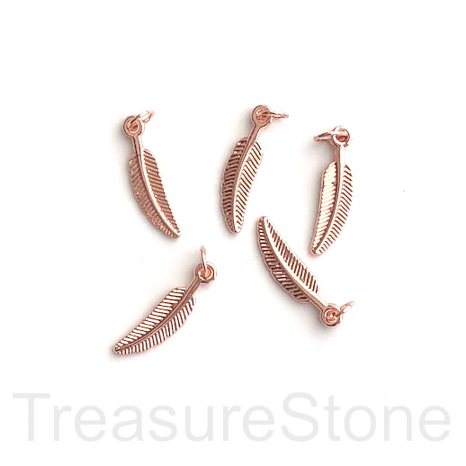 Brass charm, pendant, 5x22mm feather, rose gold plated. Ea