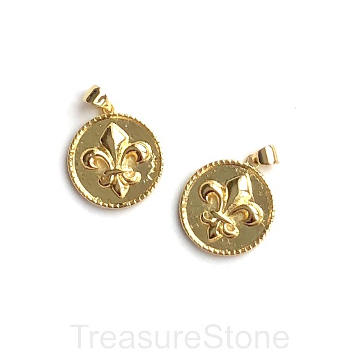 Brass charm, pendant, 18mm gold coin, fleur-de-lis. Ea