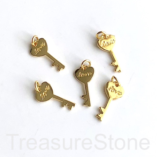Charm, Pendant, brass, 9x19mm gold key, love. each