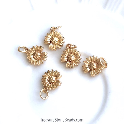 Brass Charm, pendant, 12mm gold sunflower. 2pc