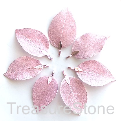 Pendant, pink-colored brass leaf, 40-50mm long. Each.