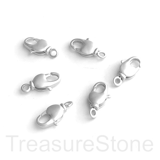 Clasp, lobster claw, brass, silver colour, matte, 9x18mm. each