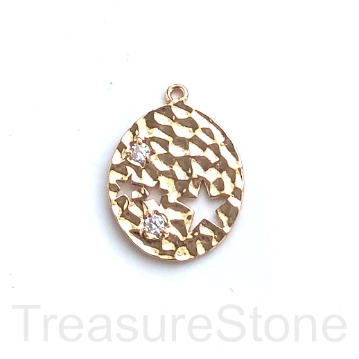 Brass pendant, 21x24mm hammered gold oval, stars, CZ. Ea