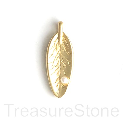 Charm, pendant, brass, 9x22mm gold leaf, pearl, matte. Each