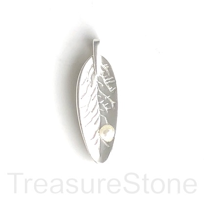 Charm, pendant, brass, 9x22mm silver leaf, pearl, matte. Each