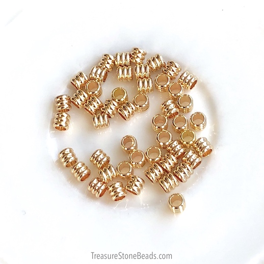 Bead,brass,warm gold plated,ridged tube,5mm,large hole:3mm. 4pcs
