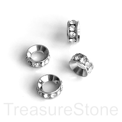 Spacer bead, rhodium plated brass, clear, 8mm round. Pkg of 5.