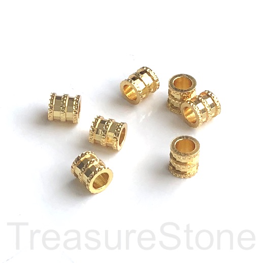Bead, brass, gold plated, 6x6.5mm tube. large hole, 3.5mm, 2pcs