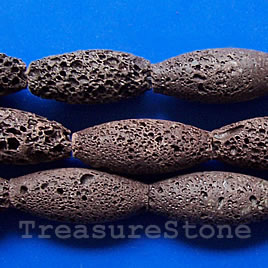 Bead, brown lava, 12x30mm rice, 16-inch strand.