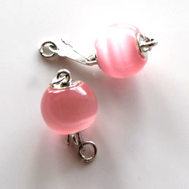 Clasp, tab, 10mm pink cateye with silver-plated brass. Pkg of 2.