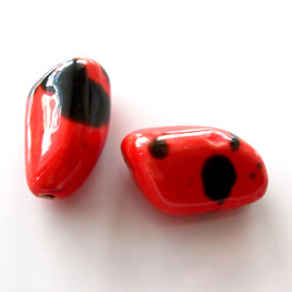 Bead, porcelain, 14x13x23mm, red and black. pkg of 3