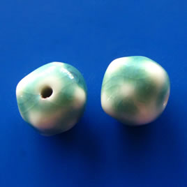 Bead, porcelain, 13x15mm, white, green nugget. Pkg of 4.