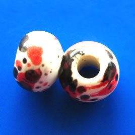 Bead,porcelain,red black white,large hole:4mm,11x15mm rondelle.4